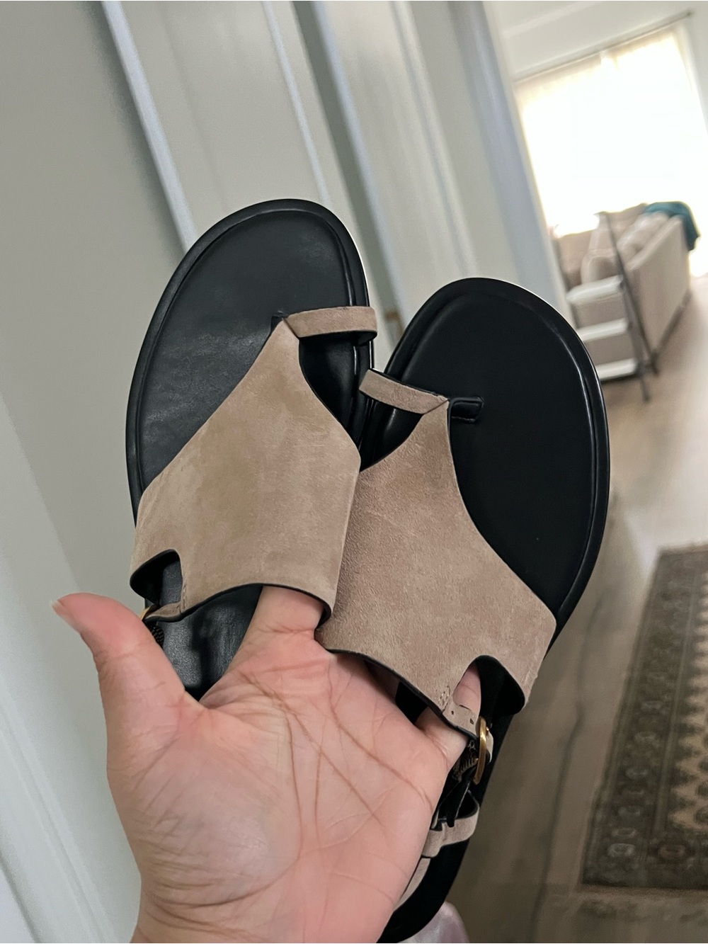 Zara Black & Beige Suede Toe-Loop Sandals